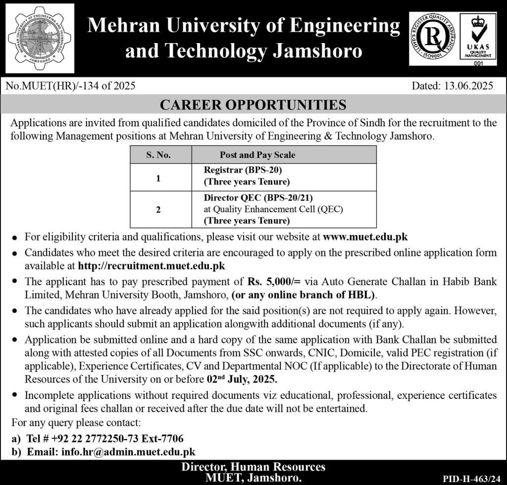 Jobs in Mehran University of Engineering & Technology Jamshoro